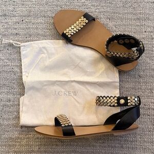 J. Crew Black Leather Sandals with Gold Stud Detailing